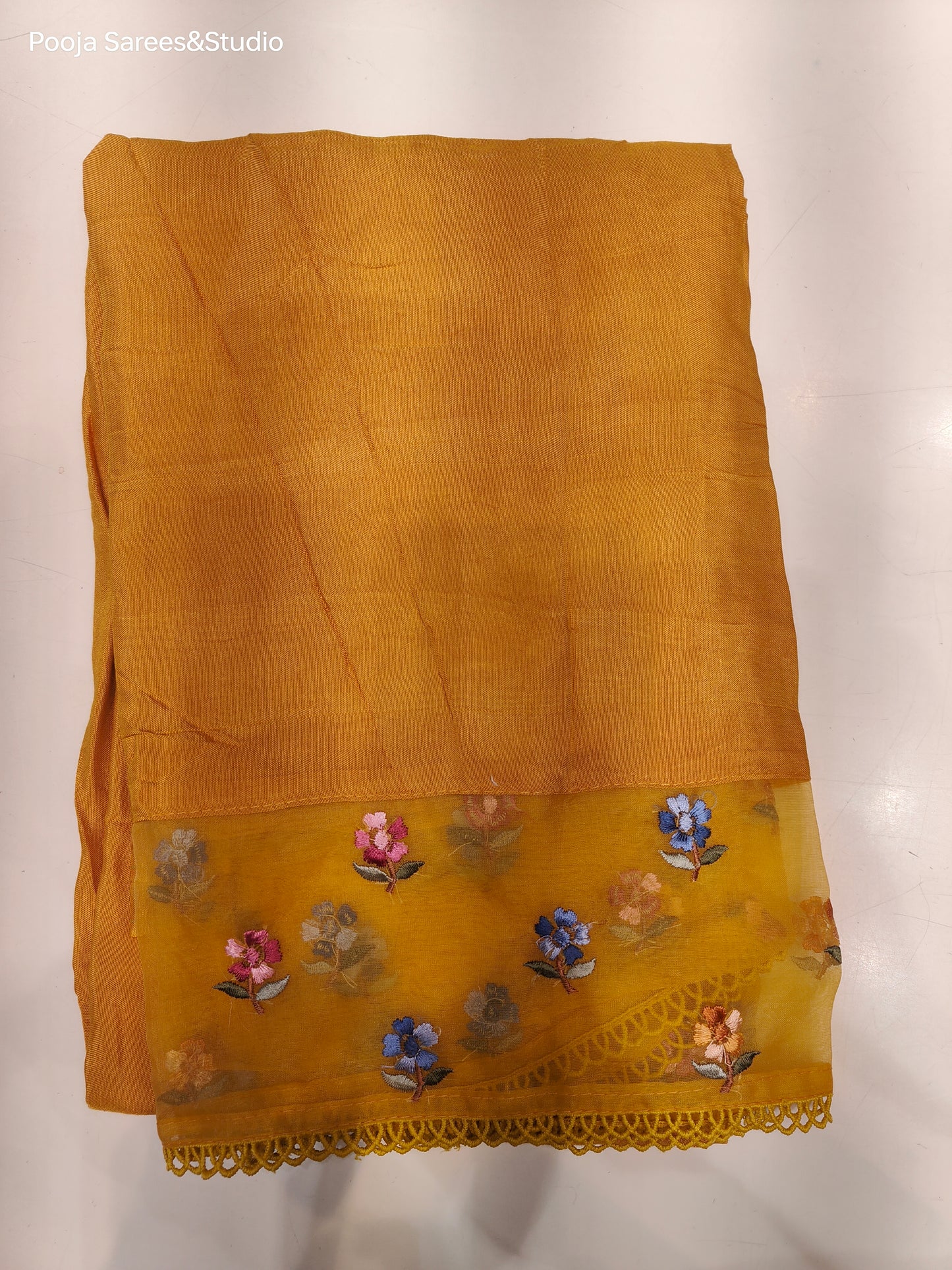 AARSAA Yellow Purple Self Printed V neck work Unstitched Kurta with Threadwork Flower Motif Dupatta and Pant with Work