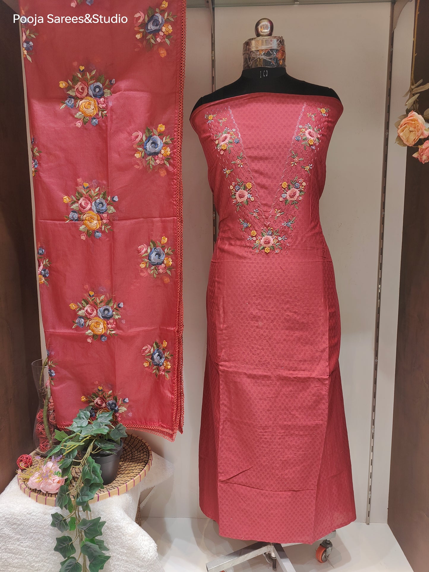 AARSAA Maroon Self Printed V neck work Unstitched Kurta with Threadwork Flower Motif Dupatta and Pant with Work