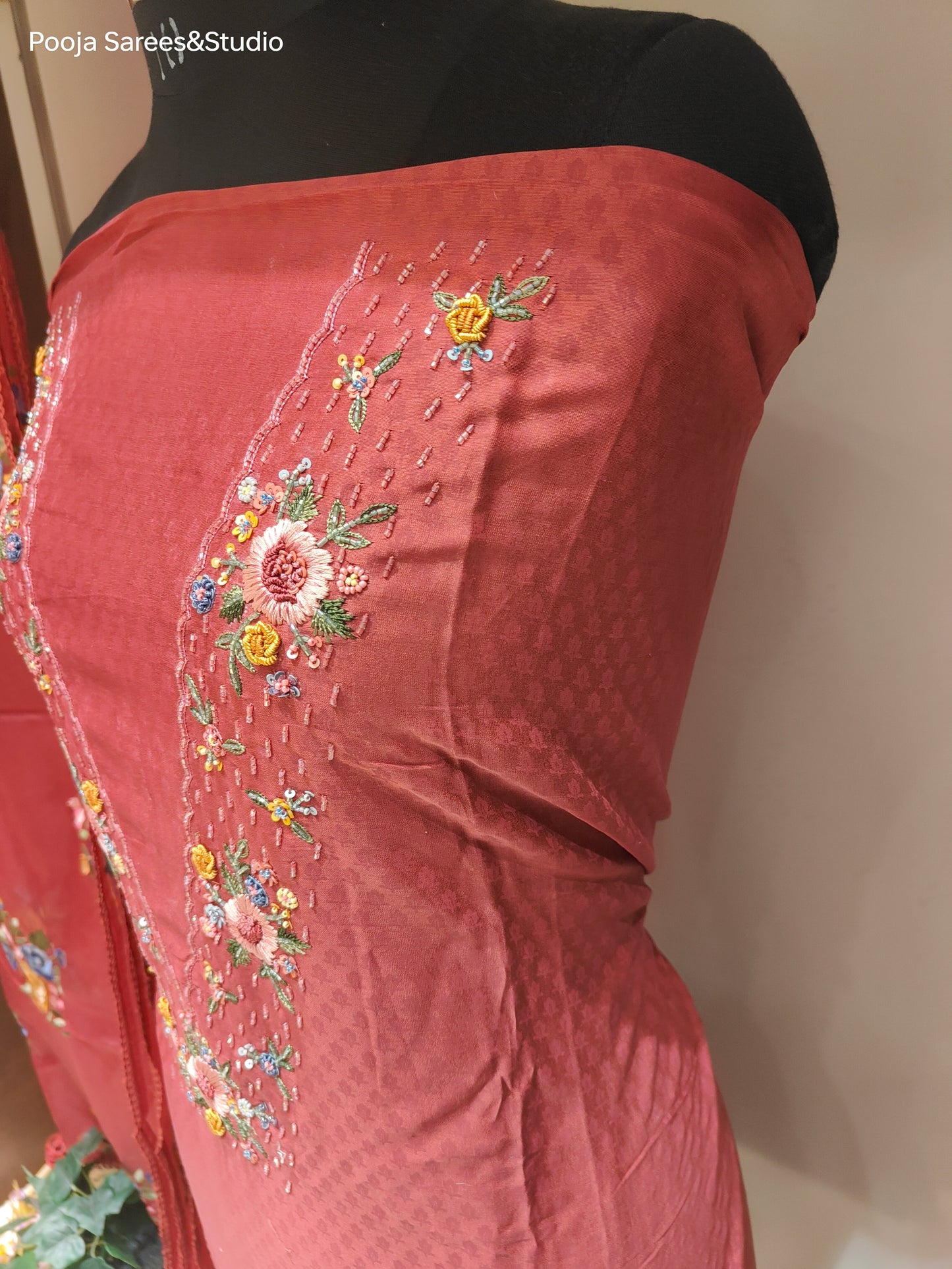 AARSAA Maroon Self Printed V neck work Unstitched Kurta with Threadwork Flower Motif Dupatta and Pant with Work