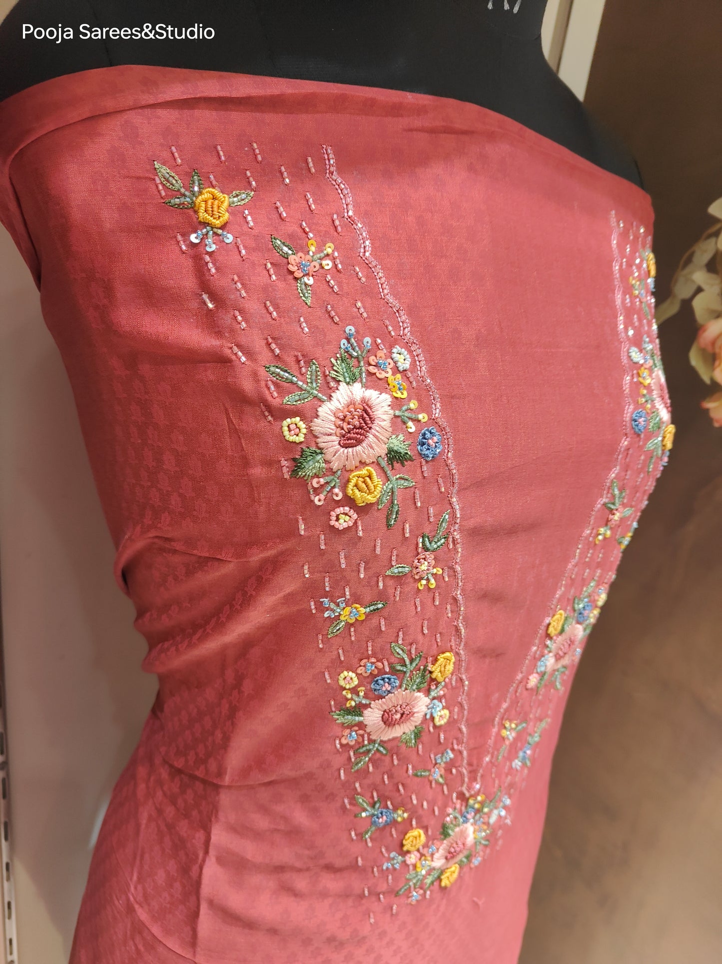 AARSAA Maroon Self Printed V neck work Unstitched Kurta with Threadwork Flower Motif Dupatta and Pant with Work