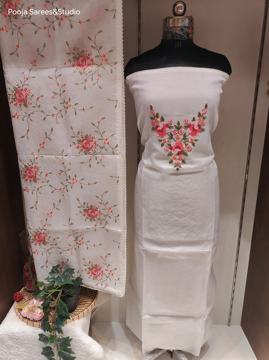 AARSAA White Kota Beads and Threadwork Unstitched Kurta with Floral Threadwork Dupatta and Plain Pant Material