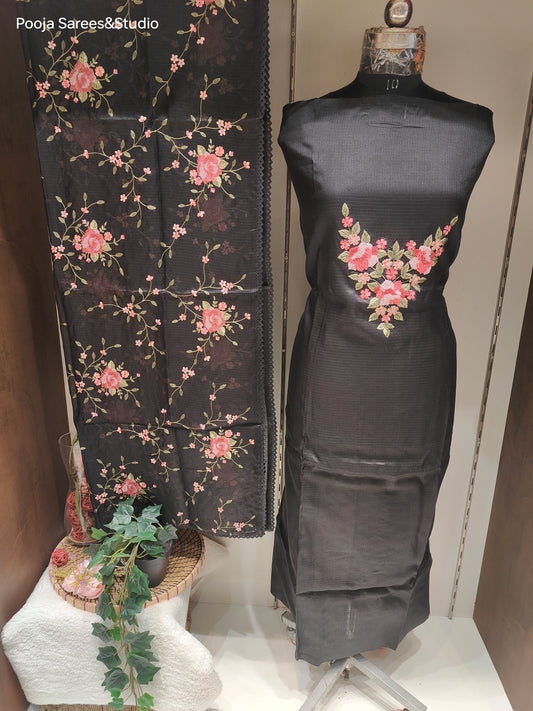 AARSAA Black Kota Beads and Threadwork Unstitched Kurta with Floral Threadwork Dupatta and Plain Pant Material