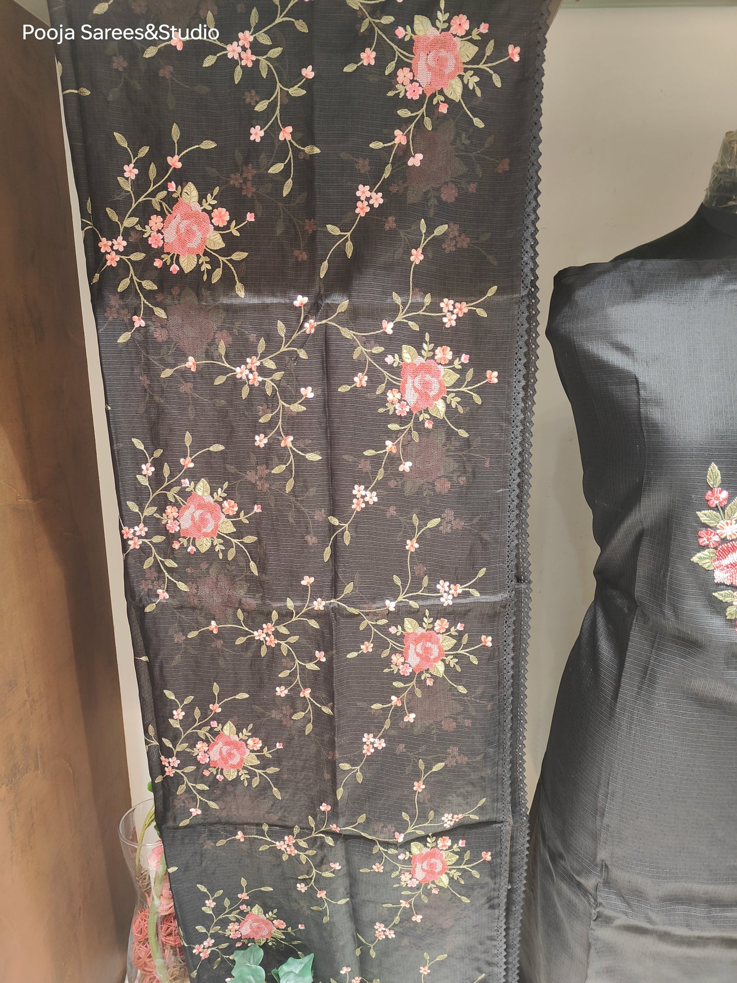 AARSAA Black Kota Beads and Threadwork Unstitched Kurta with Floral Threadwork Dupatta and Plain Pant Material