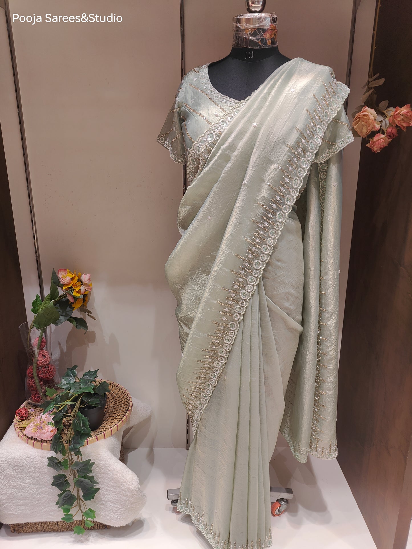 AARSAA Tissue Pista Green Sequence Katdana Work Ready Made Blouse with Work Saree