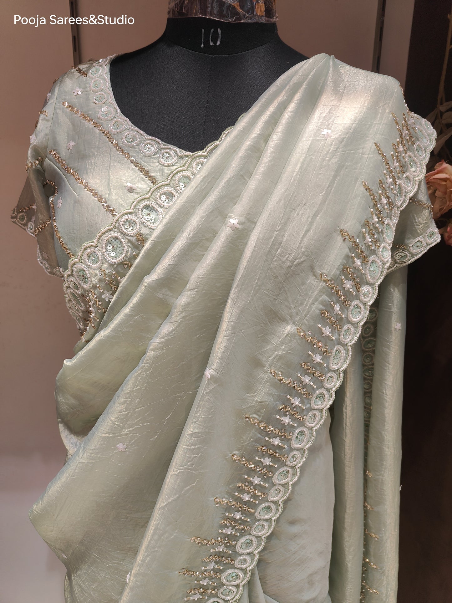 AARSAA Tissue Pista Green Sequence Katdana Work Ready Made Blouse with Work Saree