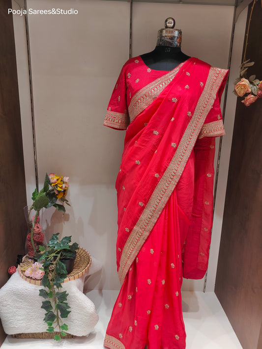 AARSAA Organza Dark Pink Kasab Work Border Sarees with Readymade Work Blouse