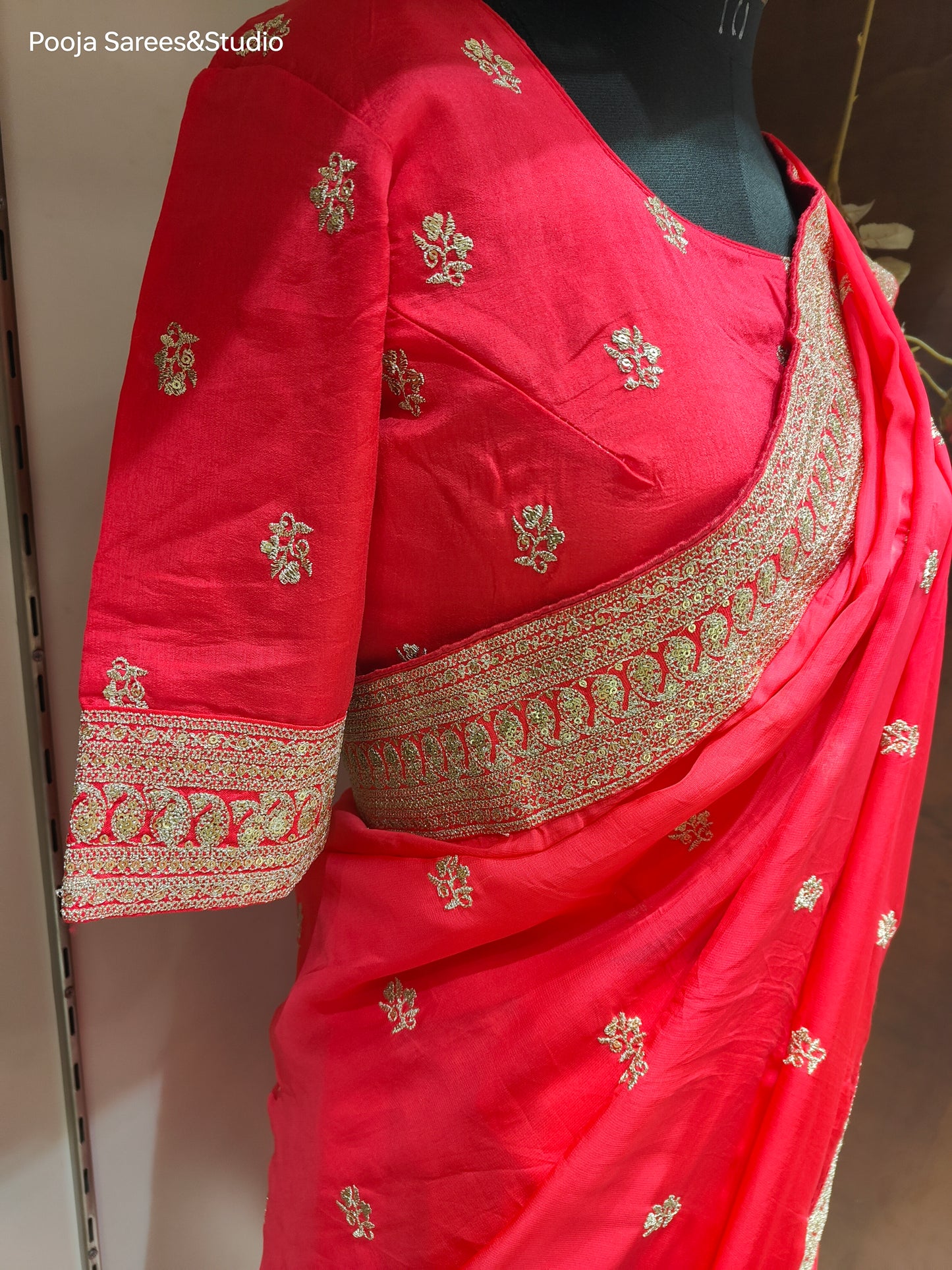 AARSAA Organza Dark Pink Kasab Work Border Sarees with Readymade Work Blouse