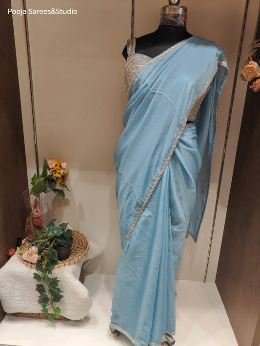 AARSAA Powder Blue Organza Sequence Katdana Work Border Sarees with Heavy sleeveless Katdana Sequence blouse