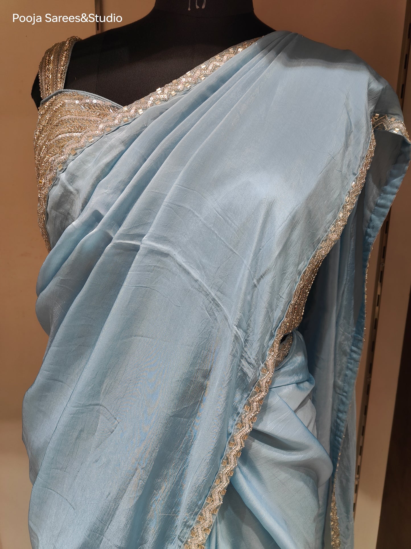 AARSAA Powder Blue Organza Sequence Katdana Work Border Sarees with Heavy sleeveless Katdana Sequence blouse