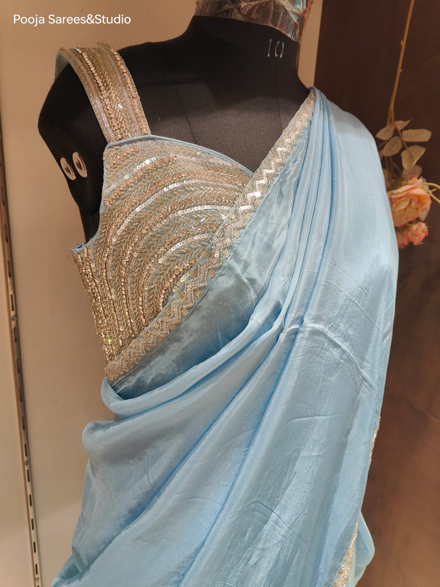 AARSAA Powder Blue Organza Sequence Katdana Work Border Sarees with Heavy sleeveless Katdana Sequence blouse