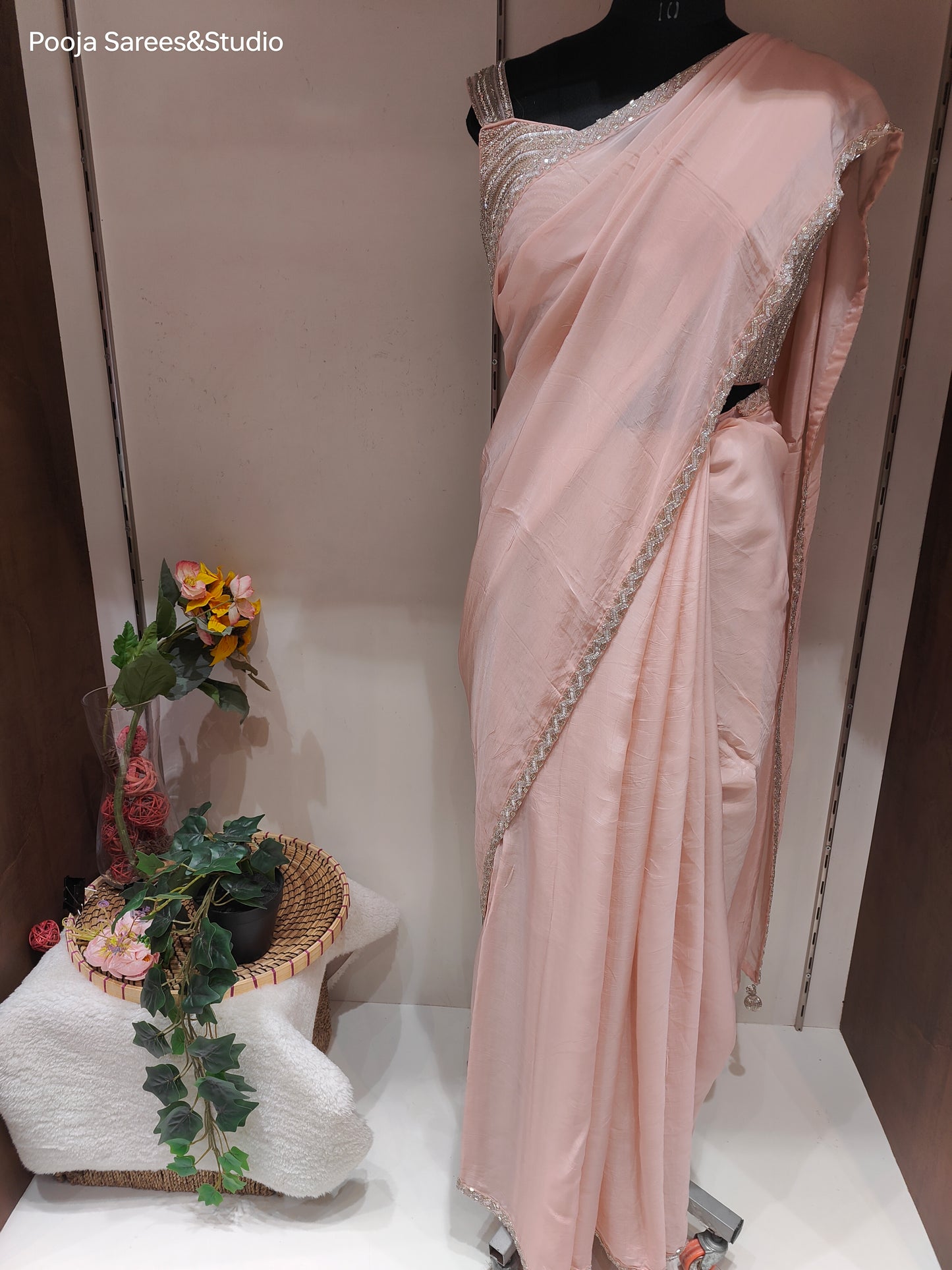 AARSAA Pink Organza Sequence Katdana Work Border Sarees with Heavy sleeveless Katdana Sequence blouse