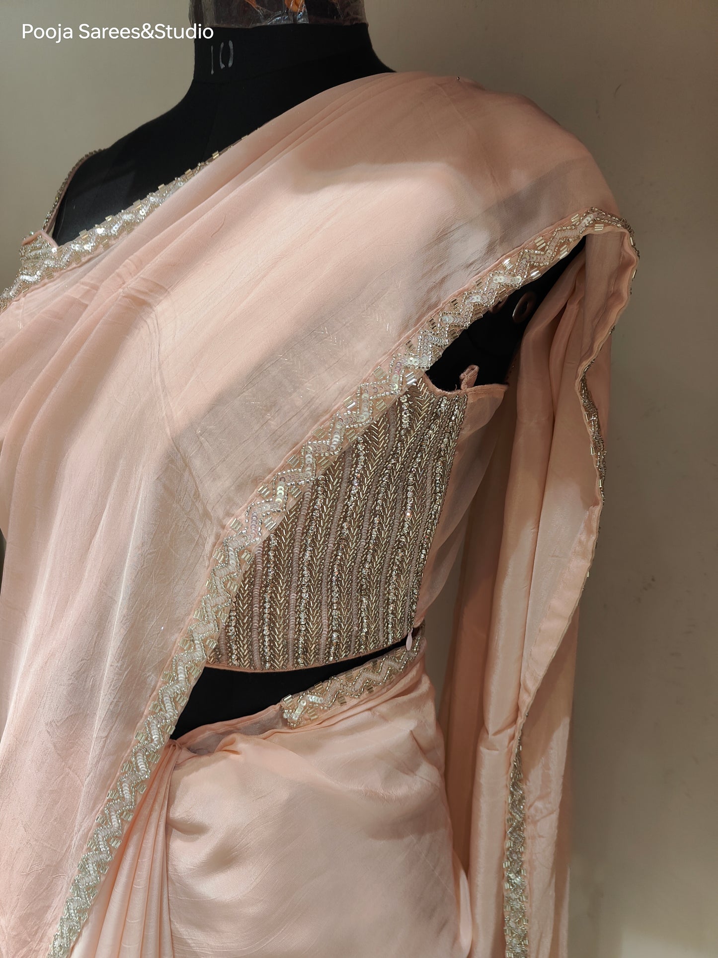 AARSAA Pink Organza Sequence Katdana Work Border Sarees with Heavy sleeveless Katdana Sequence blouse