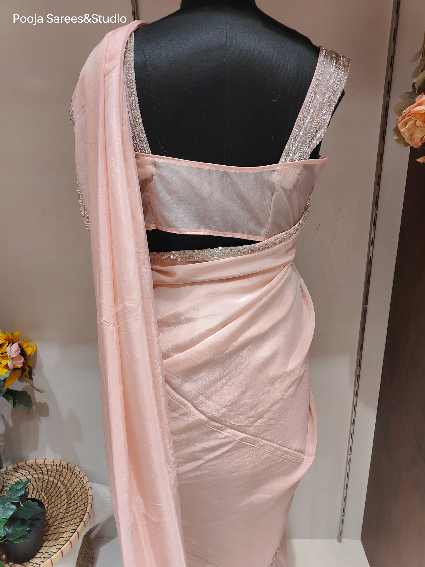 AARSAA Pink Organza Sequence Katdana Work Border Sarees with Heavy sleeveless Katdana Sequence blouse