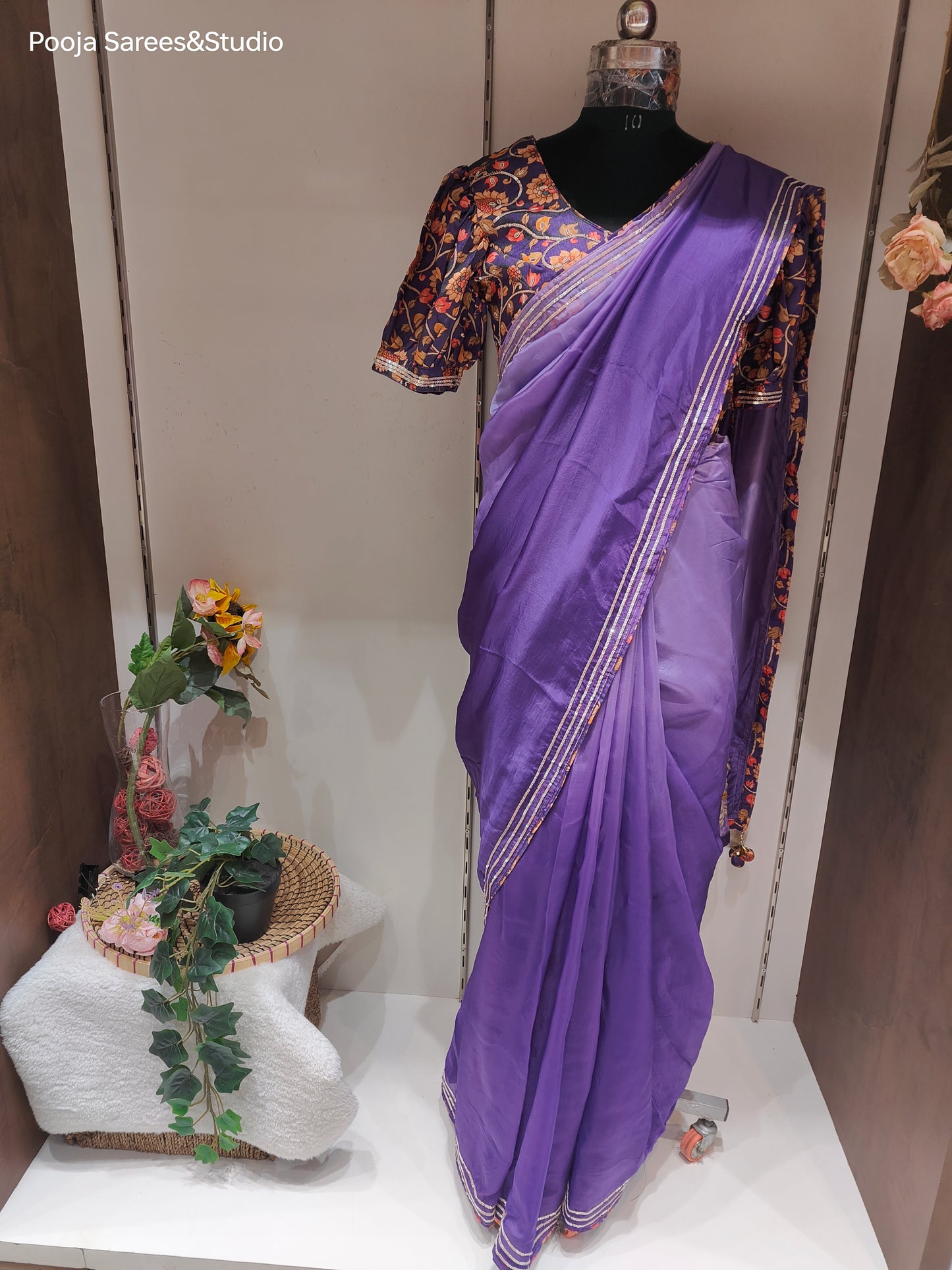 AARSAA Purple Organza Sequence Border Sarees with Printed Designer Blouse with Stylish Sleeves