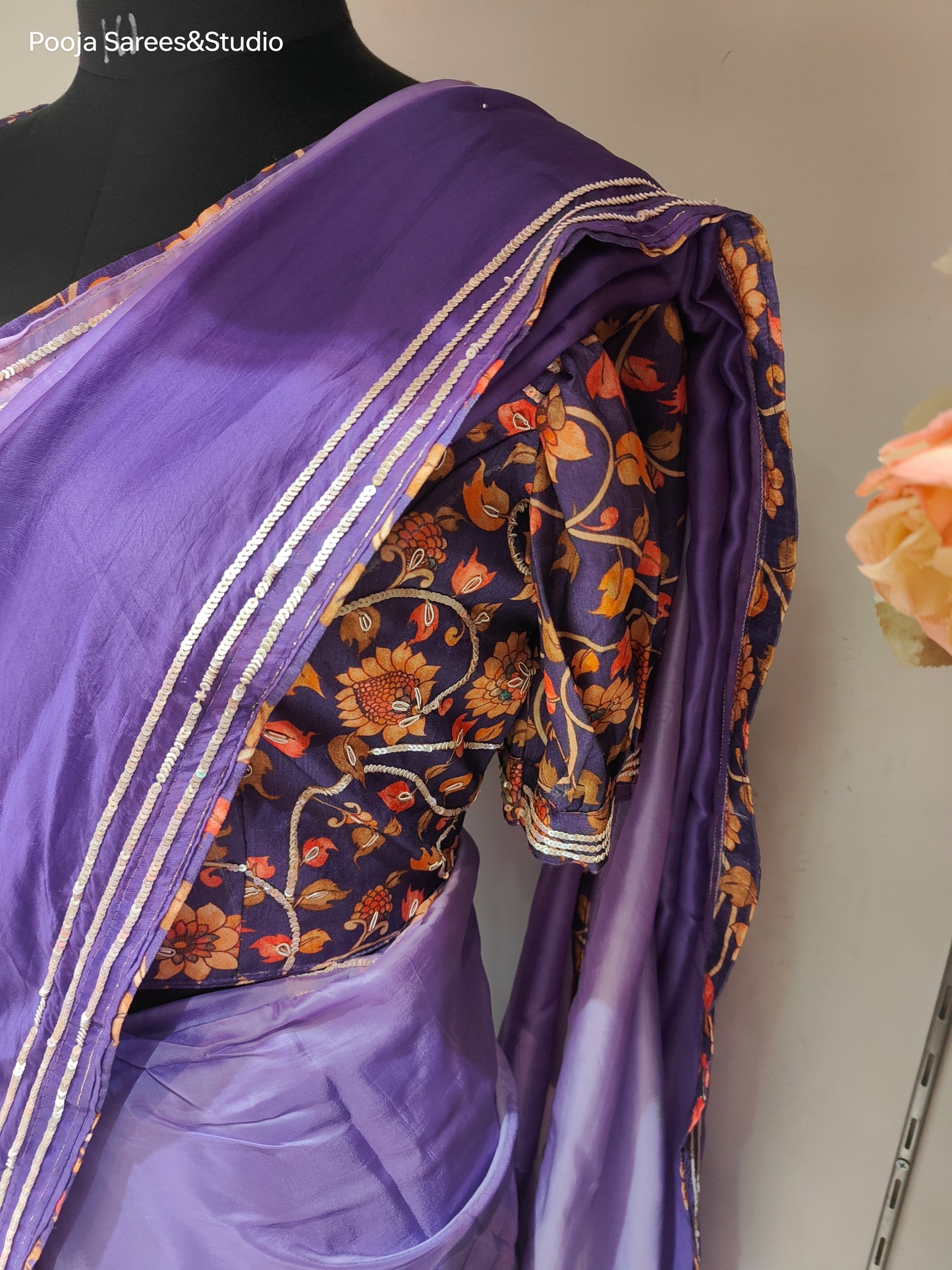 AARSAA Purple Organza Sequence Border Sarees with Printed Designer Blouse with Stylish Sleeves