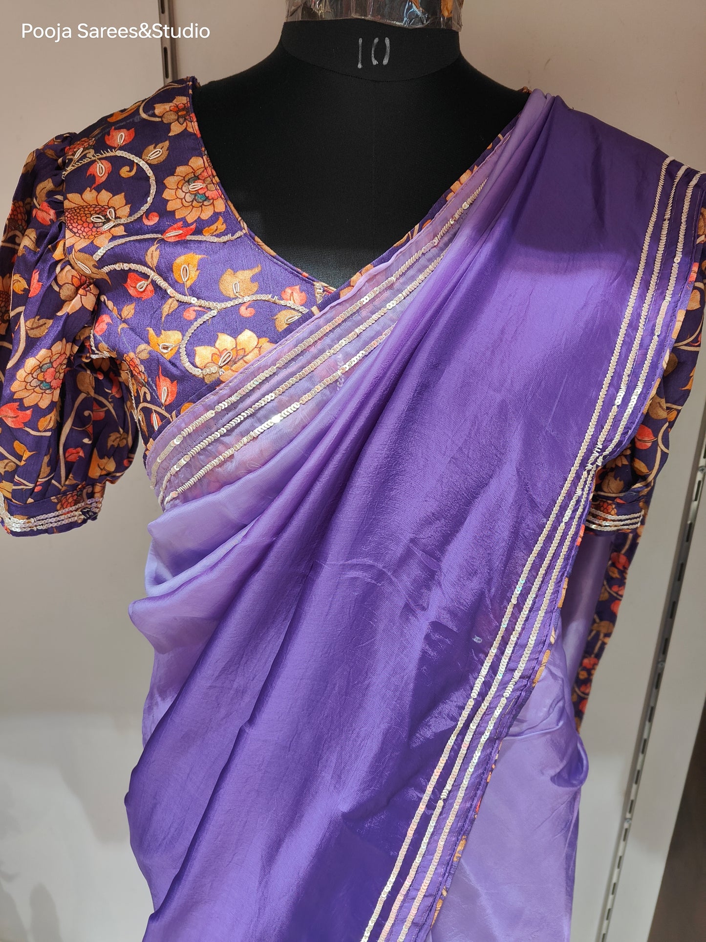 AARSAA Purple Organza Sequence Border Sarees with Printed Designer Blouse with Stylish Sleeves