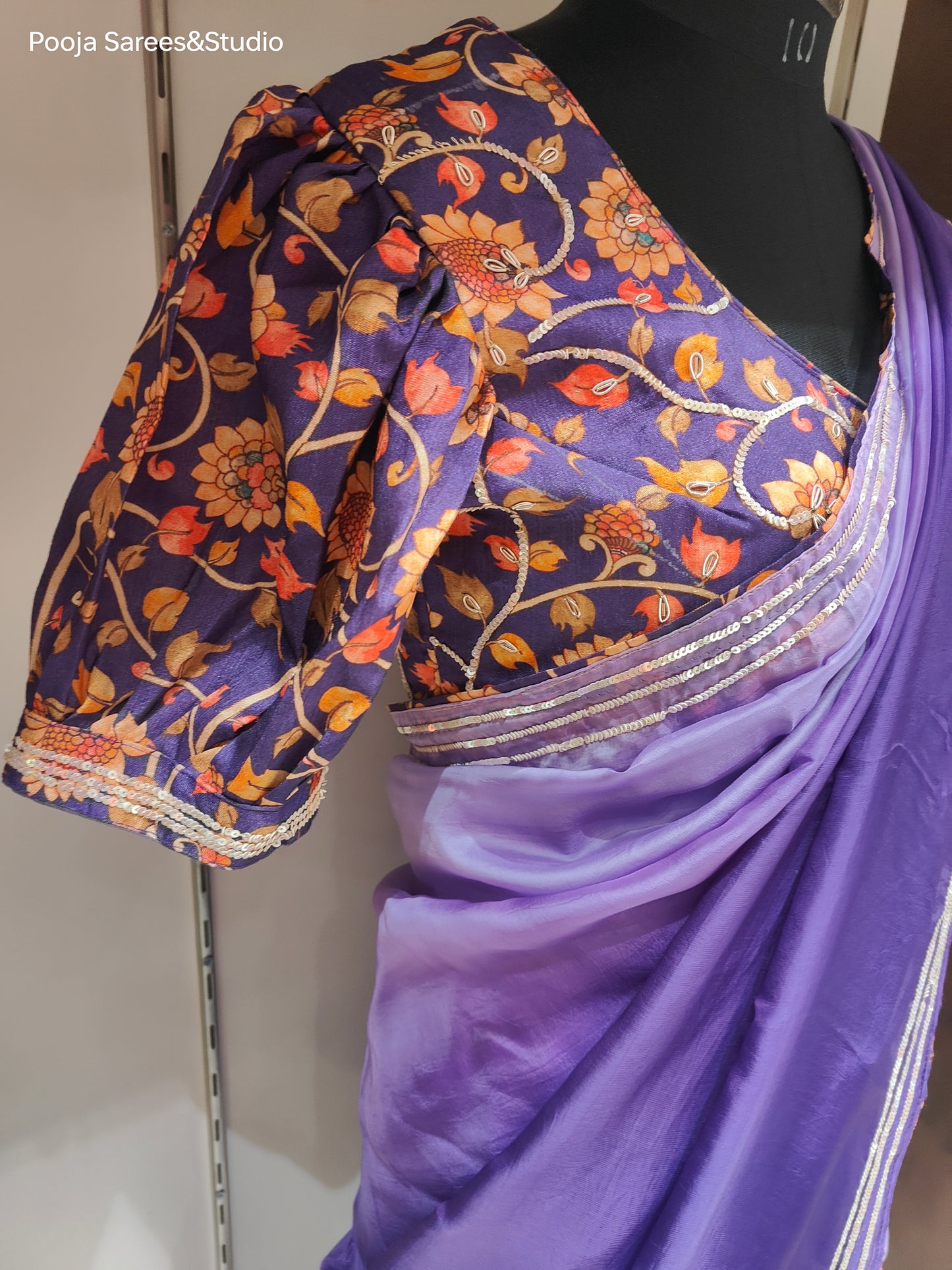 AARSAA Purple Organza Sequence Border Sarees with Printed Designer Blouse with Stylish Sleeves