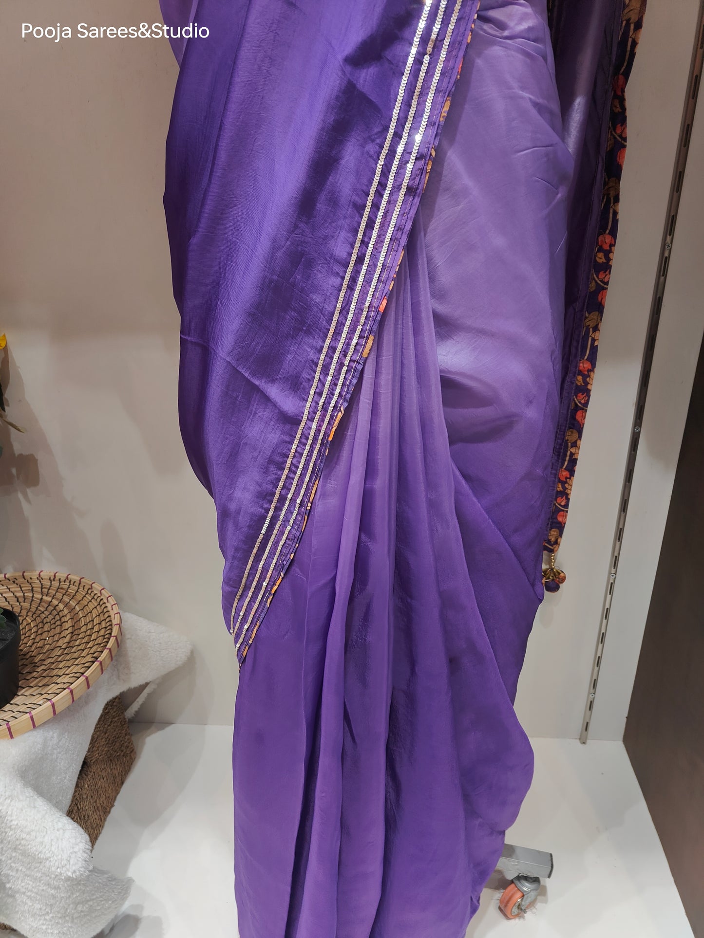 AARSAA Purple Organza Sequence Border Sarees with Printed Designer Blouse with Stylish Sleeves