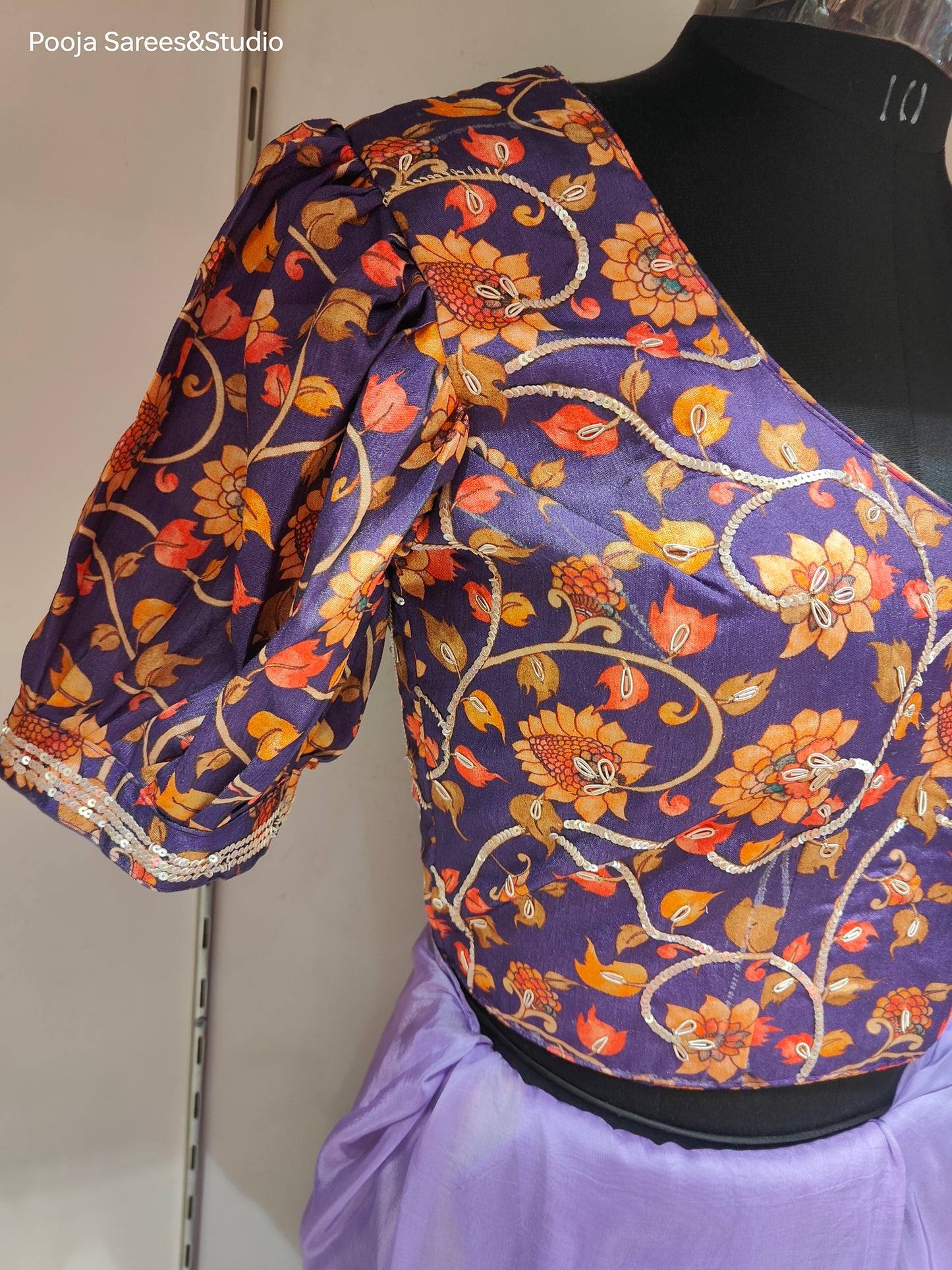 AARSAA Purple Organza Sequence Border Sarees with Printed Designer Blouse with Stylish Sleeves