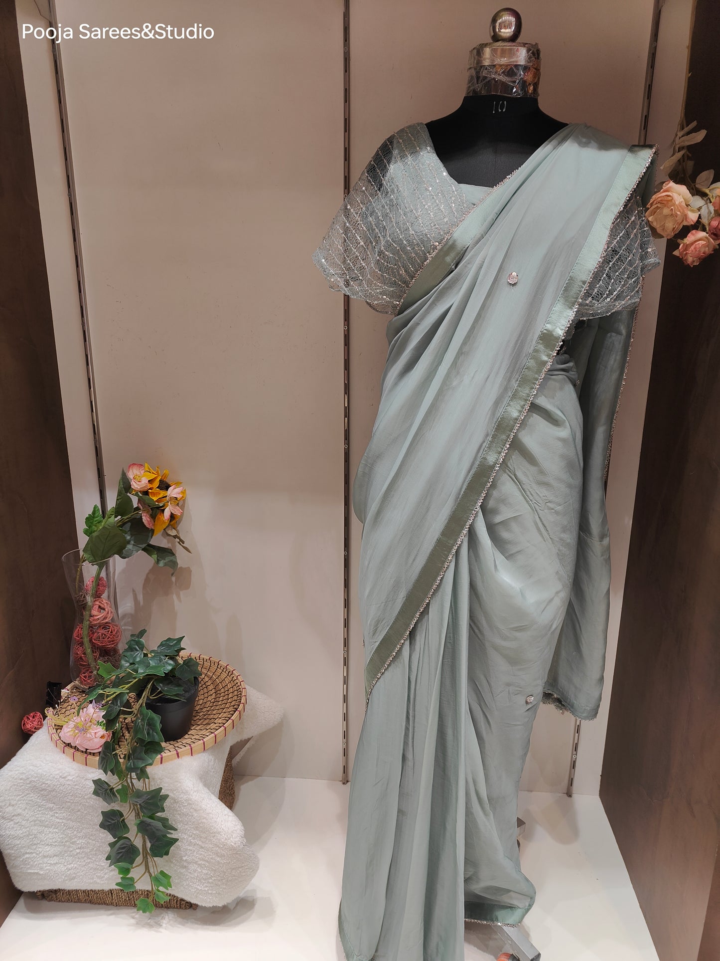 AARSAA Pista Green Organza Sequence work Saree with Stylish Designer Readymade blouse