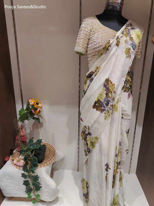 AARSAA White Crepe Floral Printed Saree with Heavy Sequence Work Readymade Blouse