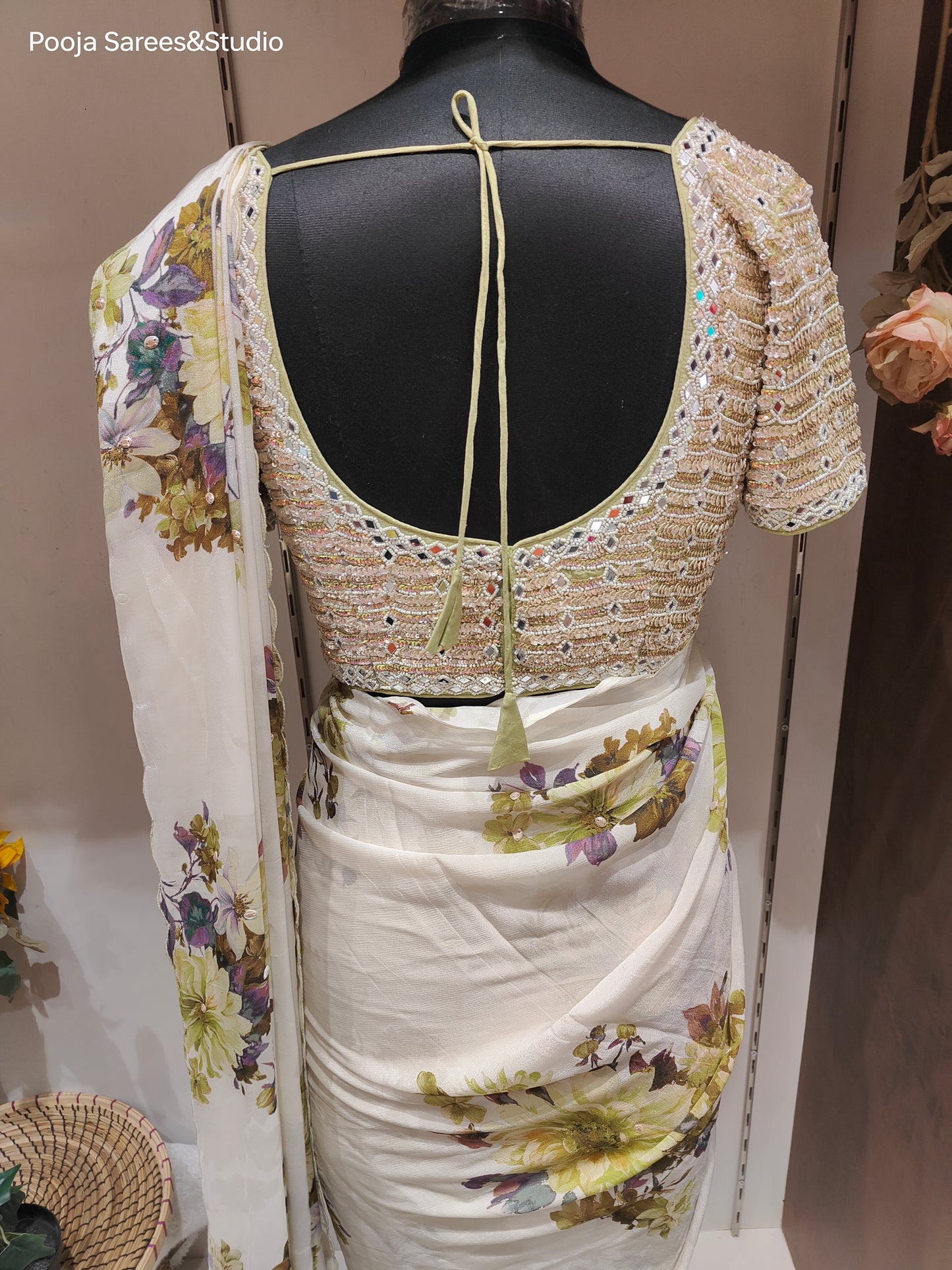 AARSAA White Crepe Floral Printed Saree with Heavy Sequence Work Readymade Blouse