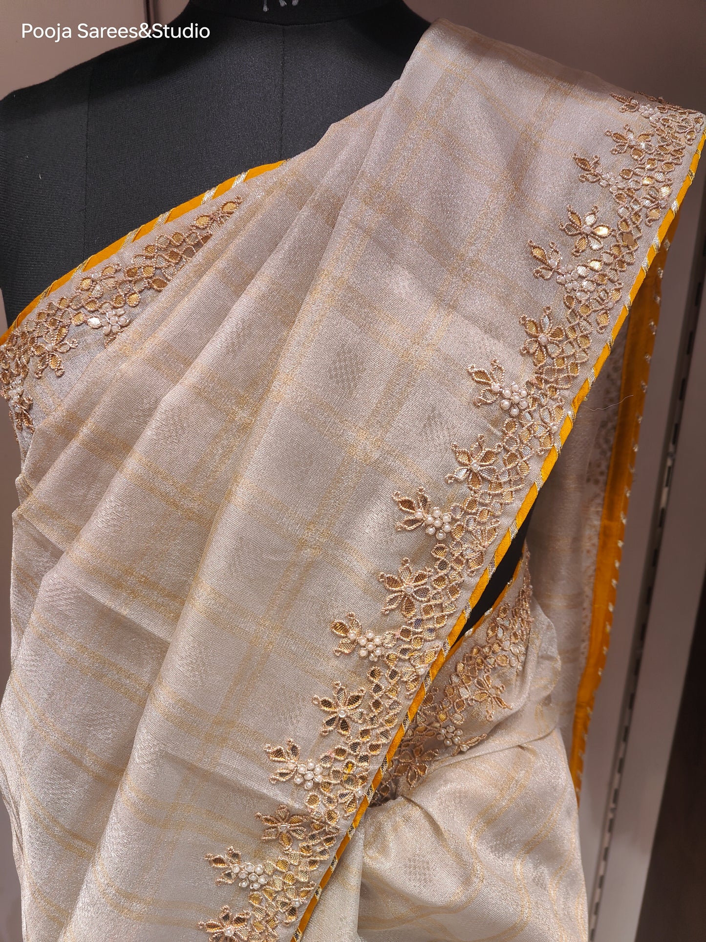 AARSAA Cream Tissue Gotapatti Work Border with Contrast Yellow Work Blouse