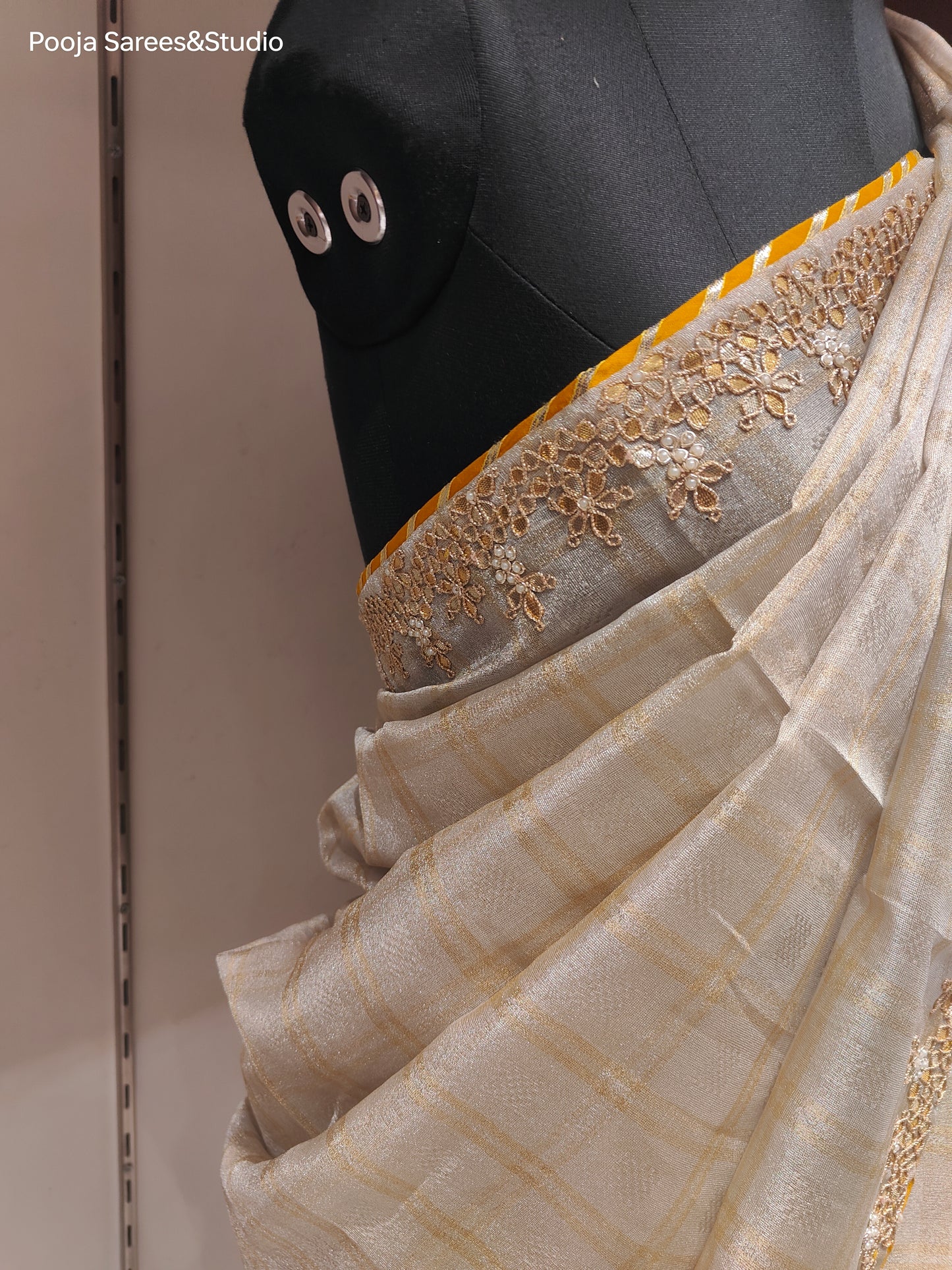 AARSAA Cream Tissue Gotapatti Work Border with Contrast Yellow Work Blouse