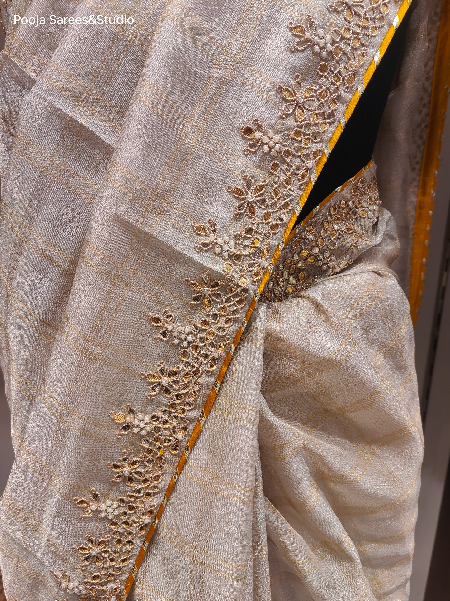 AARSAA Cream Tissue Gotapatti Work Border with Contrast Yellow Work Blouse