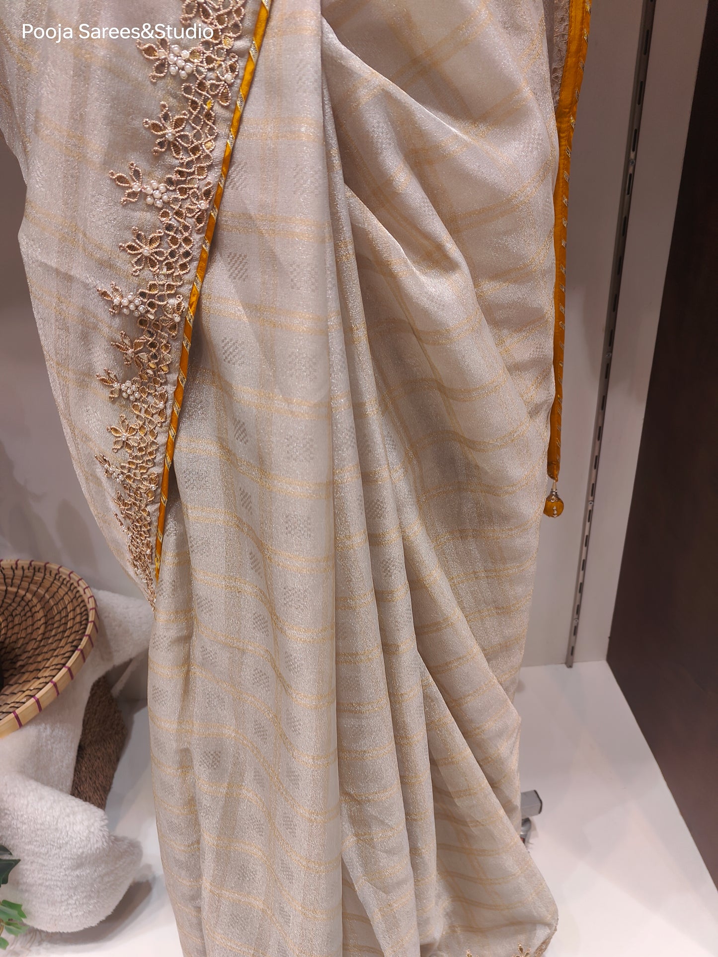 AARSAA Cream Tissue Gotapatti Work Border with Contrast Yellow Work Blouse