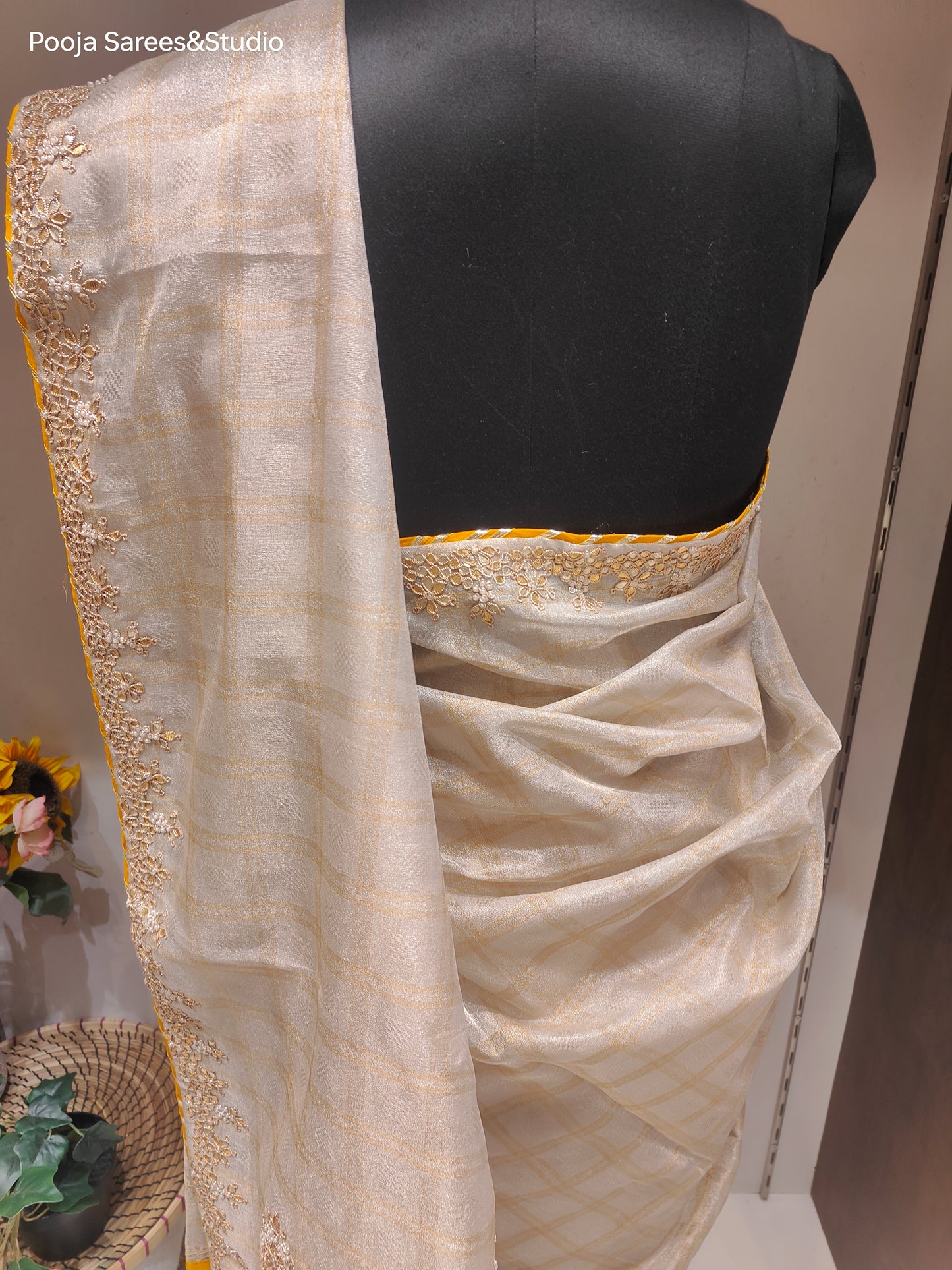 AARSAA Cream Tissue Gotapatti Work Border with Contrast Yellow Work Blouse