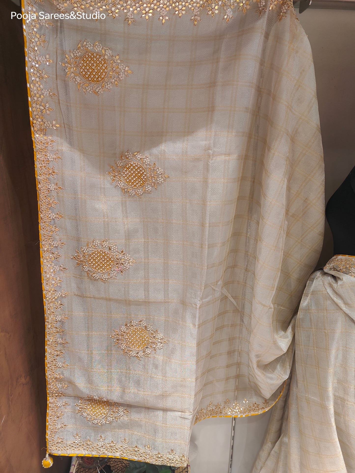 AARSAA Cream Tissue Gotapatti Work Border with Contrast Yellow Work Blouse