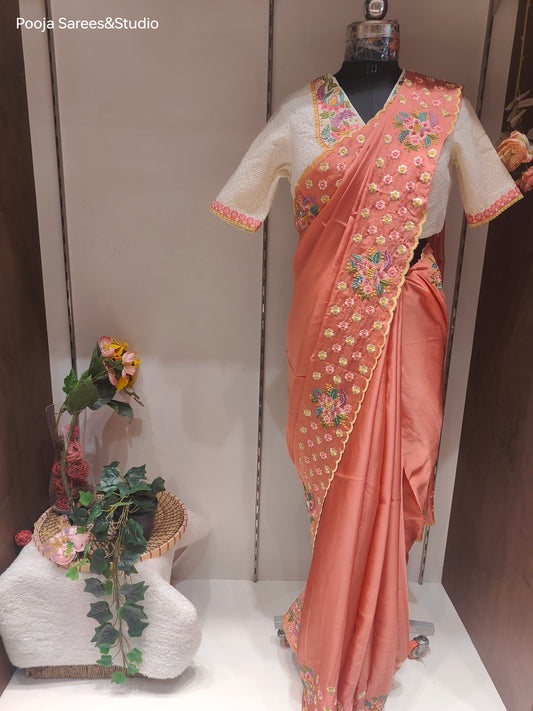 AARSAA Satin Peach Threadwork Saree with Contrast Readymade Work Blouse