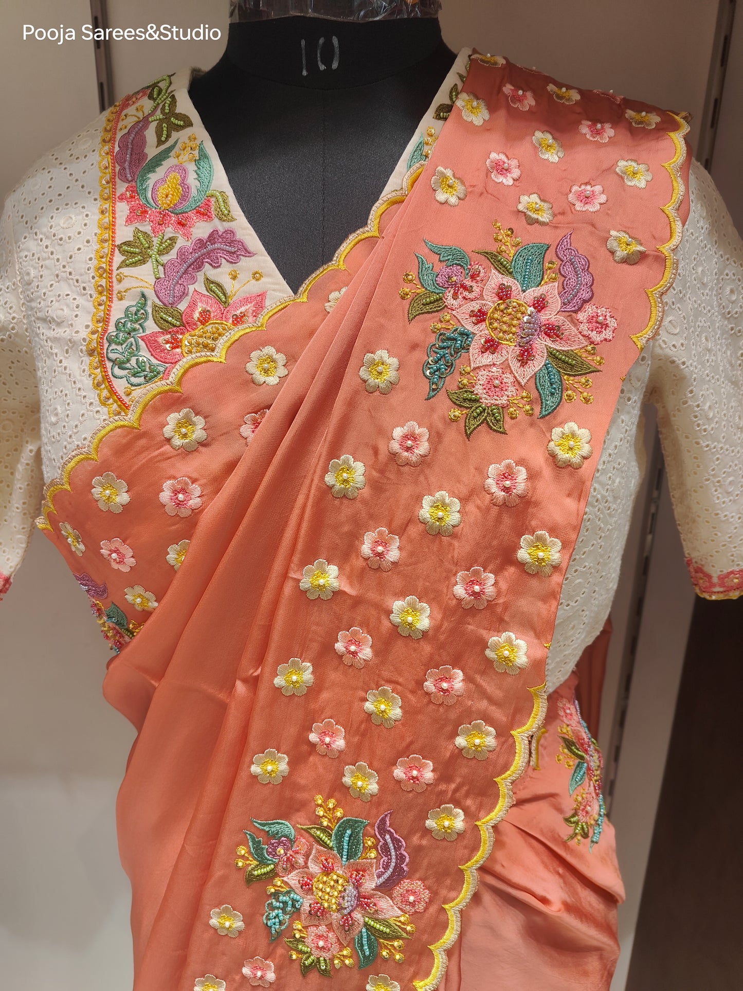 AARSAA Satin Peach Threadwork Saree with Contrast Readymade Work Blouse