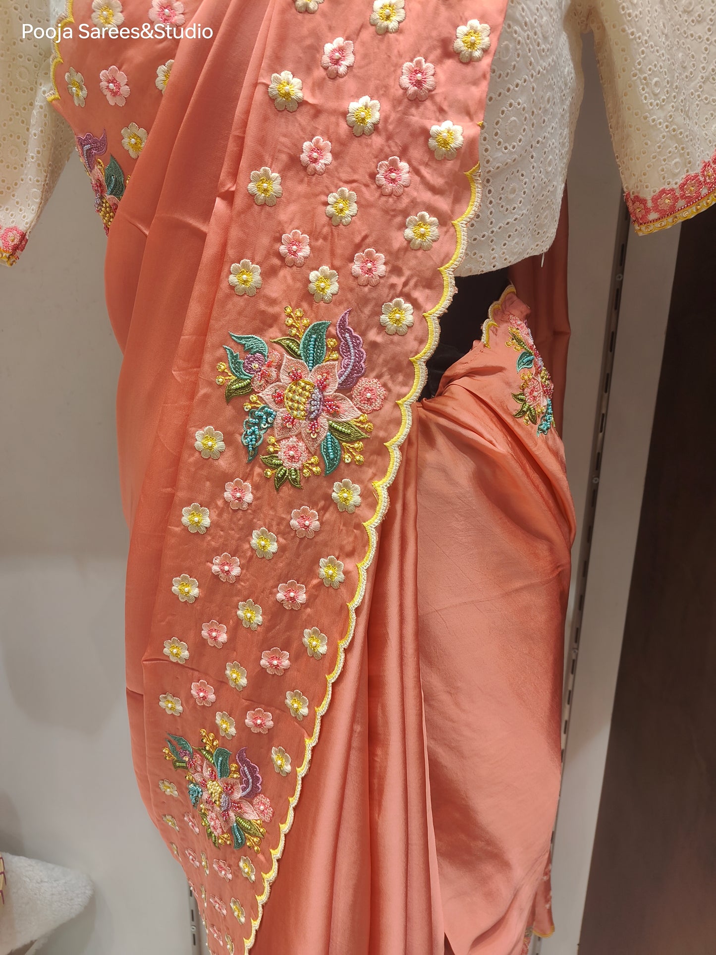 AARSAA Satin Peach Threadwork Saree with Contrast Readymade Work Blouse