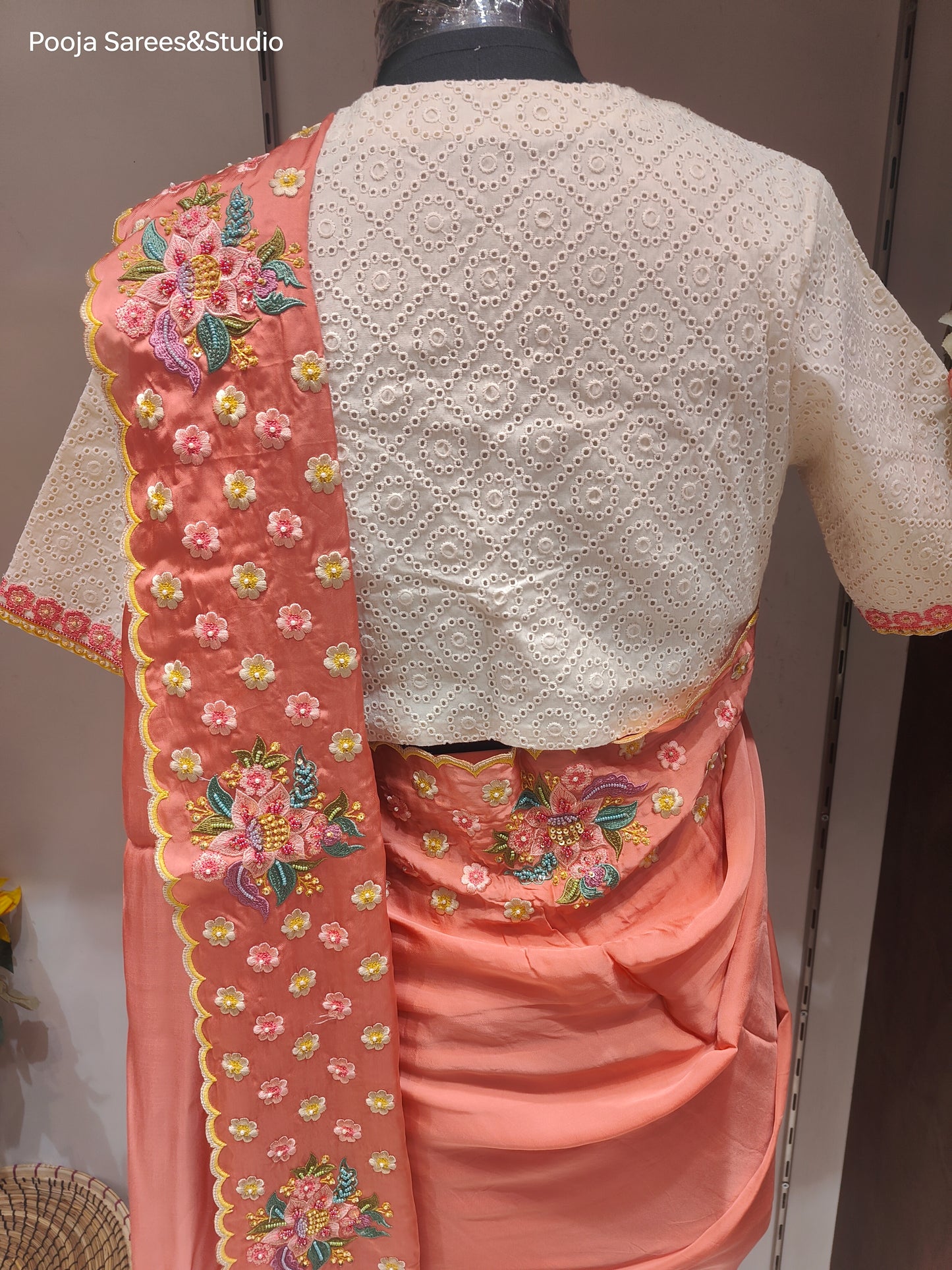 AARSAA Satin Peach Threadwork Saree with Contrast Readymade Work Blouse