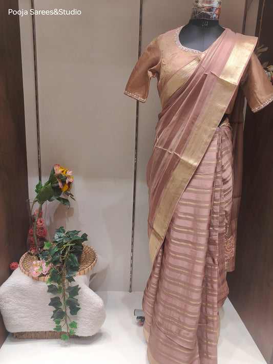 AARSAA Onion Pink Silk Weaving Saree with readymade work blouse