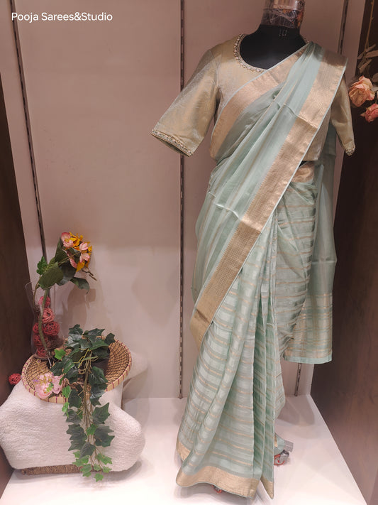 AARSAA Mint Green Tissue Weaving Saree With Unstitched Blouse