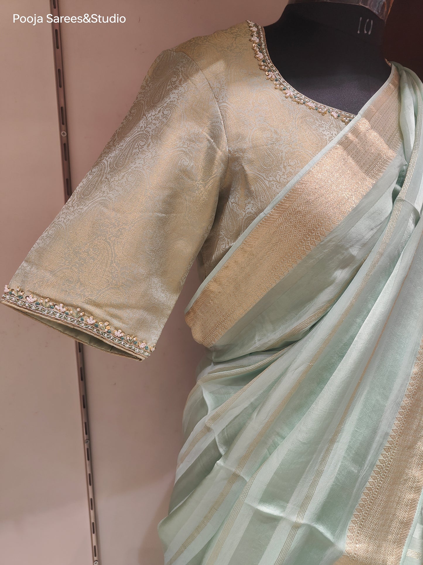 AARSAA Mint Green Tissue Weaving Saree With Unstitched Blouse