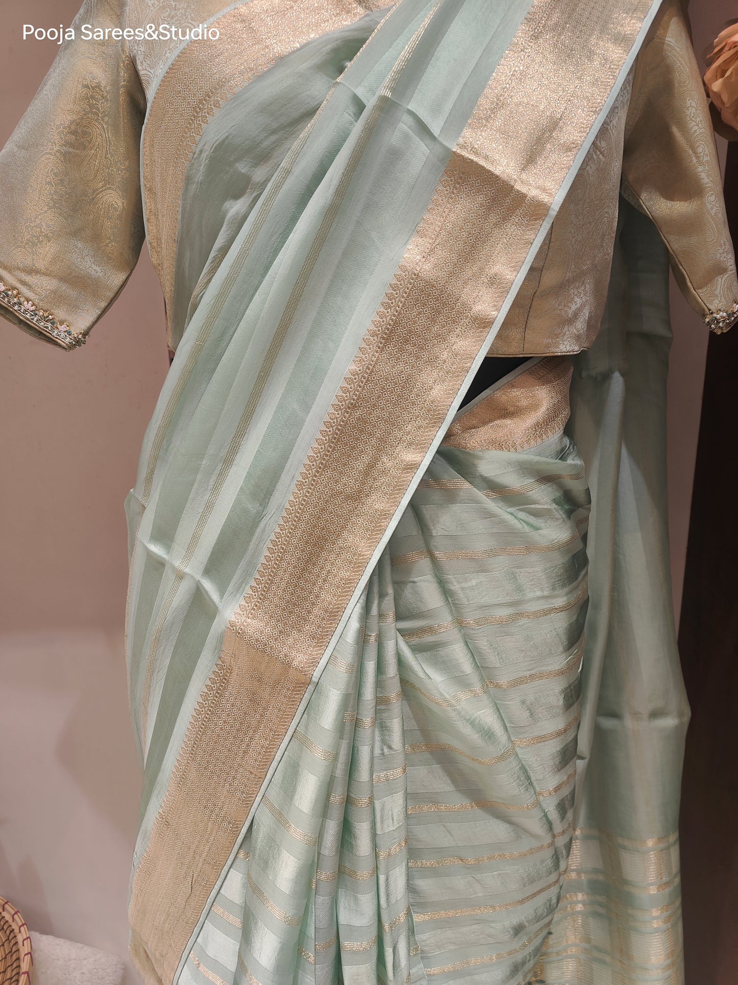 AARSAA Mint Green Tissue Weaving Saree With Unstitched Blouse