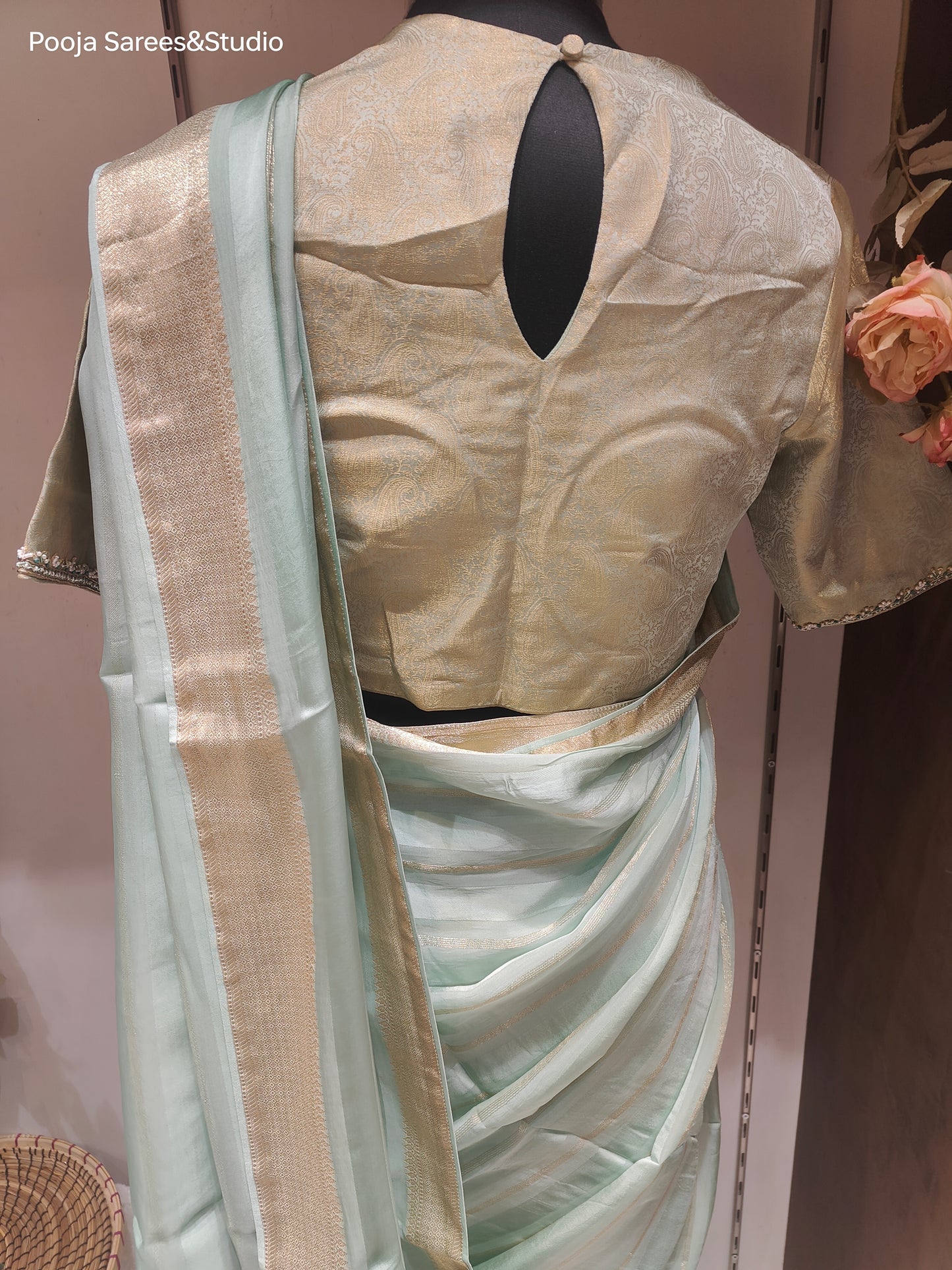 AARSAA Mint Green Tissue Weaving Saree With Unstitched Blouse