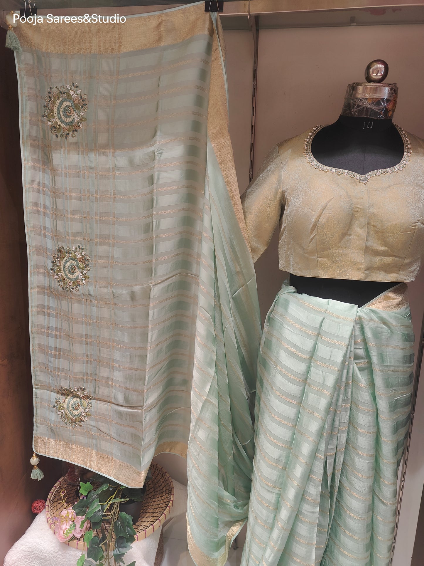 AARSAA Mint Green Tissue Weaving Saree With Unstitched Blouse