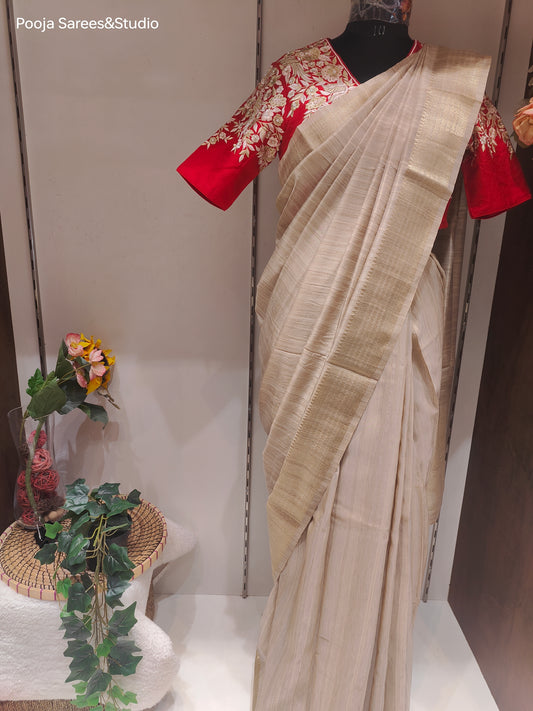 AARSAA Beige Plain Bhagalpuri Silk Saree with Readymade Threadwork Angrakha Style Blouse