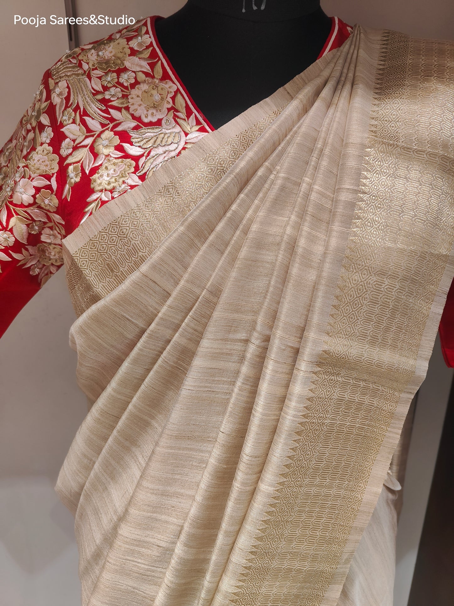 AARSAA Beige Plain Bhagalpuri Silk Saree with Readymade Threadwork Angrakha Style Blouse