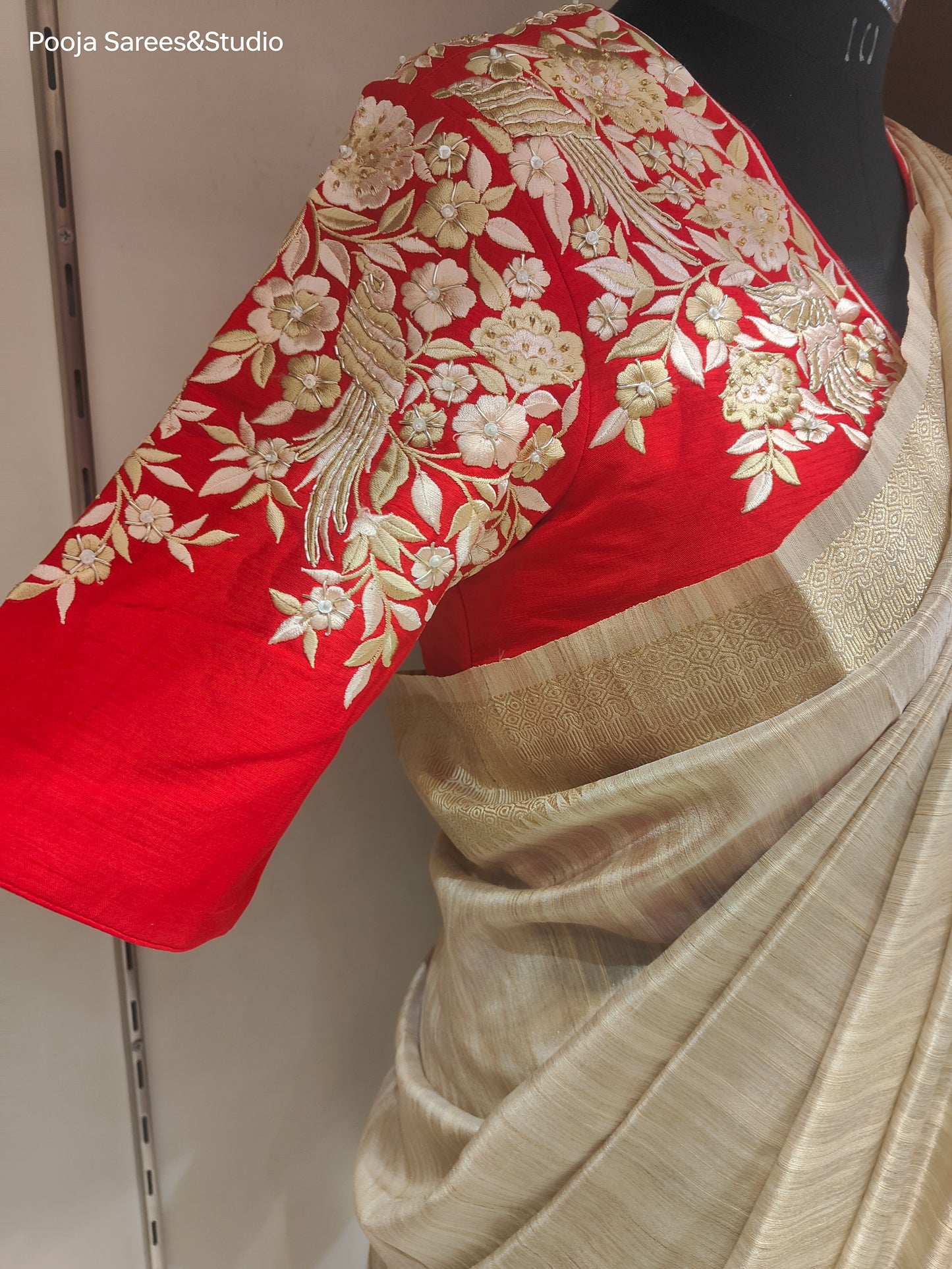 AARSAA Beige Plain Bhagalpuri Silk Saree with Readymade Threadwork Angrakha Style Blouse