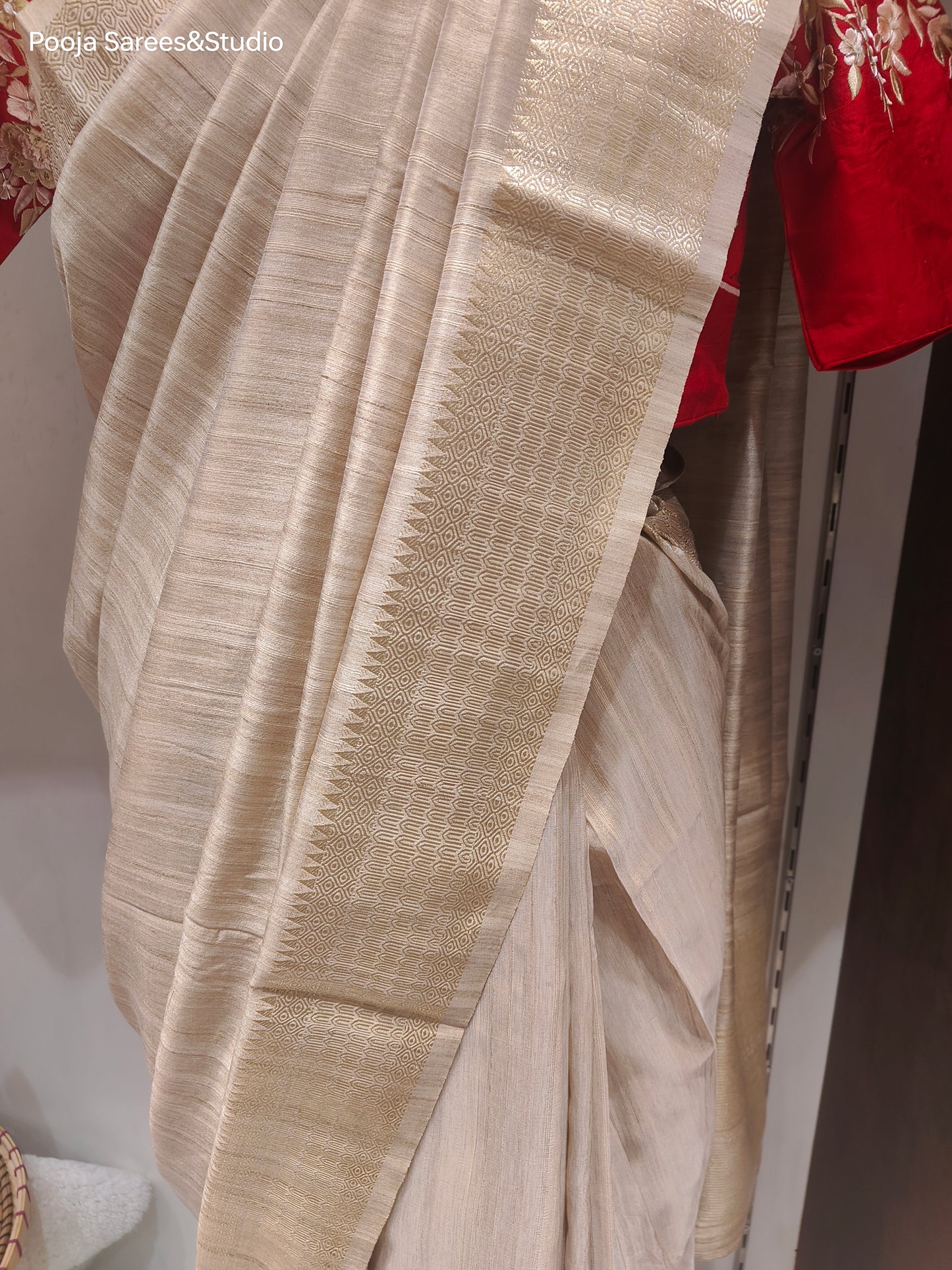 AARSAA Beige Plain Bhagalpuri Silk Saree with Readymade Threadwork Angrakha Style Blouse