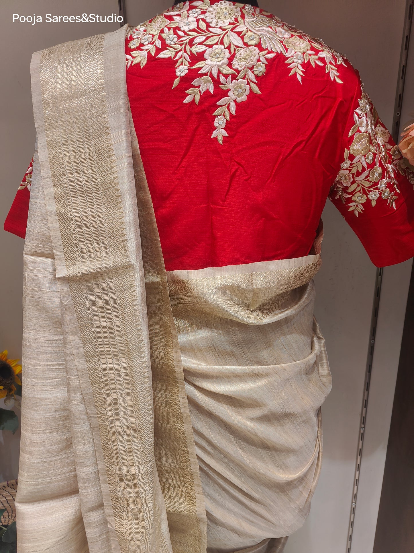 AARSAA Beige Plain Bhagalpuri Silk Saree with Readymade Threadwork Angrakha Style Blouse