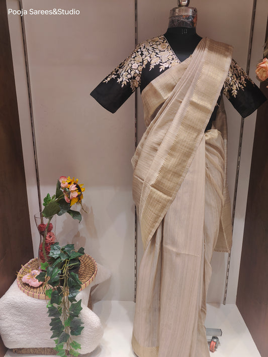 AARSAA Beige Plain Bhagalpuri Silk Saree with Readymade Threadwork Angrakha Style Blouse