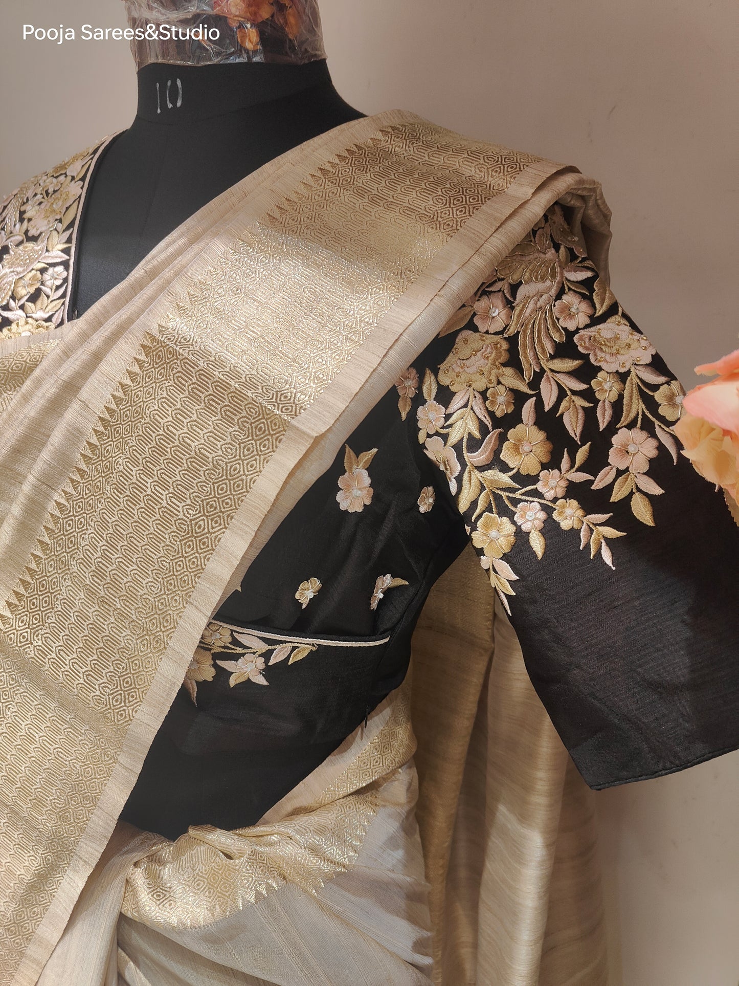 AARSAA Beige Plain Bhagalpuri Silk Saree with Readymade Threadwork Angrakha Style Blouse