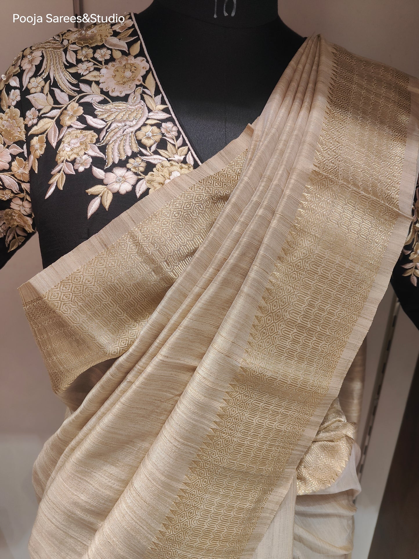 AARSAA Beige Plain Bhagalpuri Silk Saree with Readymade Threadwork Angrakha Style Blouse